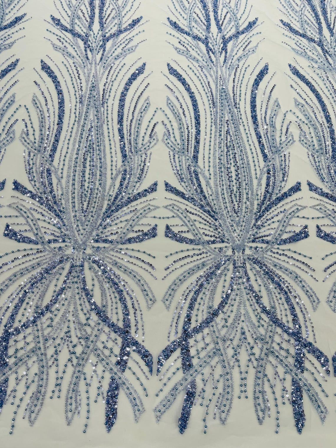 BRIDAL  - LT BLUE - Designs Embroider with Sequins and Heavy Beaded on a Mesh Lace Fabric - Sold By The Yard
