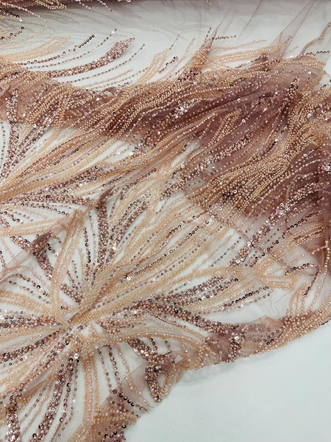 BRIDAL  - BLUSH - Designs Embroider with Sequins and Heavy Beaded on a Mesh Lace Fabric - Sold By The Yard