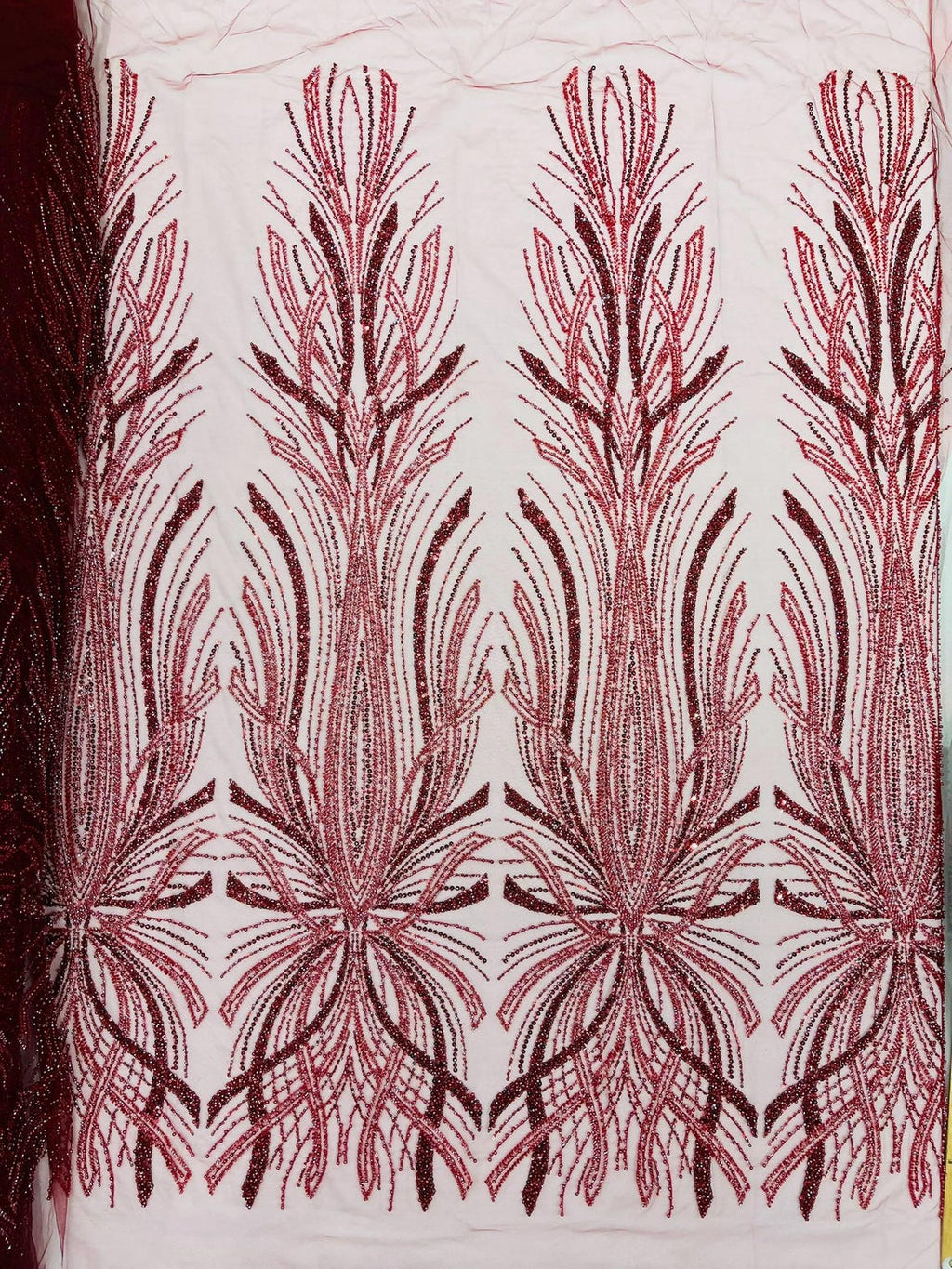 BRIDAL  - BURGUNDY - Designs Embroider with Sequins and Heavy Beaded on a Mesh Lace Fabric - Sold By The Yard