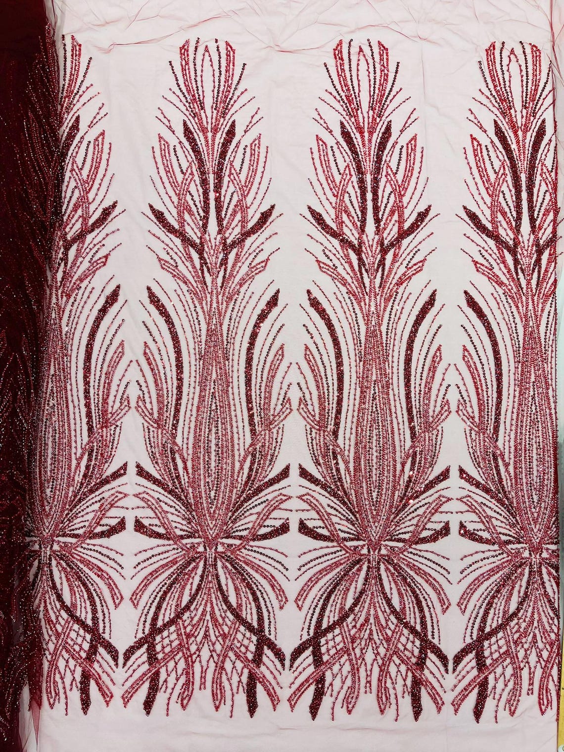 BRIDAL  - BURGUNDY - Designs Embroider with Sequins and Heavy Beaded on a Mesh Lace Fabric - Sold By The Yard