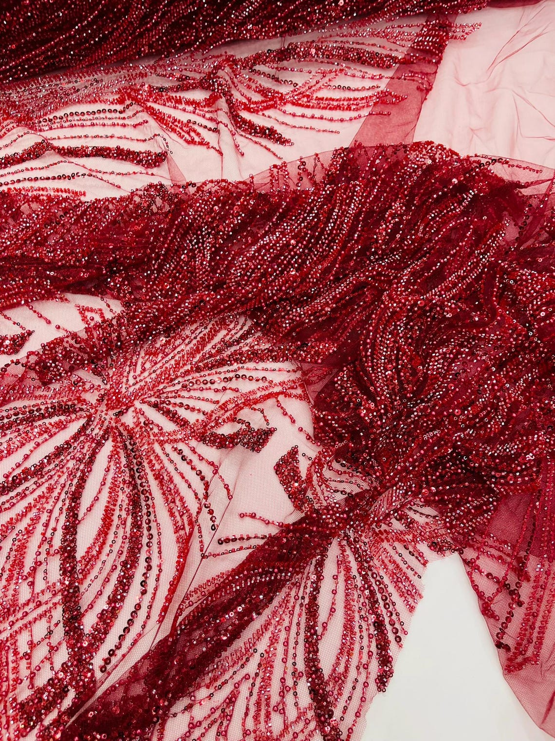 BRIDAL  - BURGUNDY - Designs Embroider with Sequins and Heavy Beaded on a Mesh Lace Fabric - Sold By The Yard