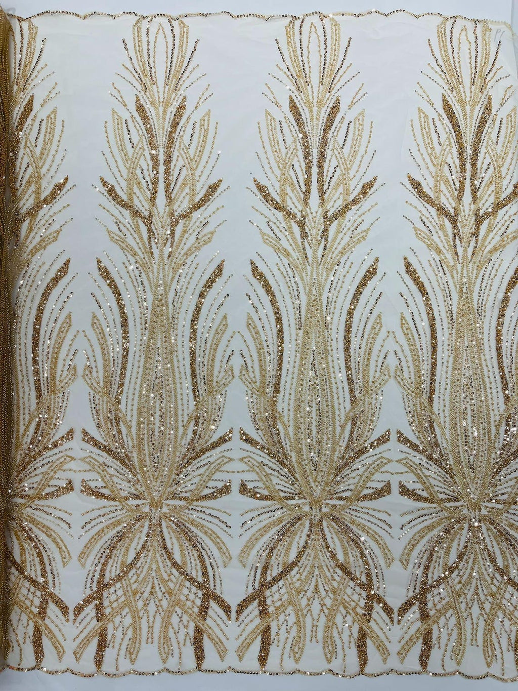 BRIDAL  - CHAMPAGNE - Designs Embroider with Sequins and Heavy Beaded on a Mesh Lace Fabric - Sold By The Yard