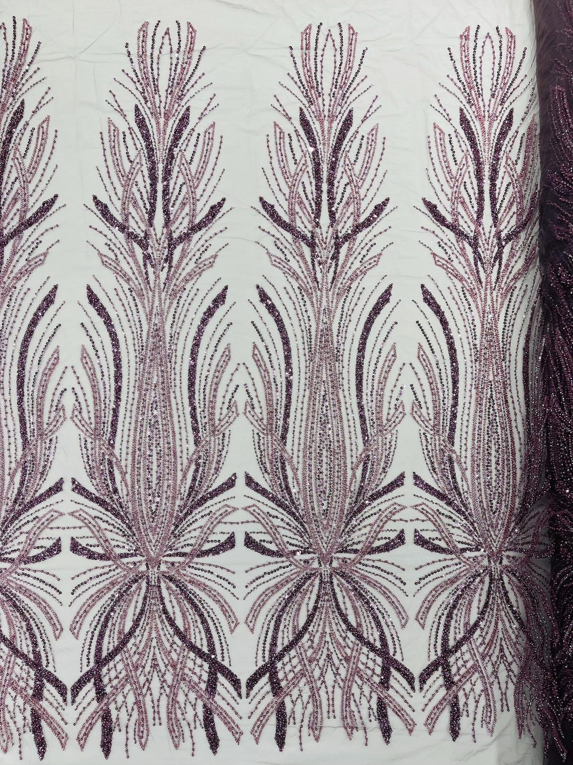 BRIDAL  - DK PLUM - Designs Embroider with Sequins and Heavy Beaded on a Mesh Lace Fabric - Sold By The Yard