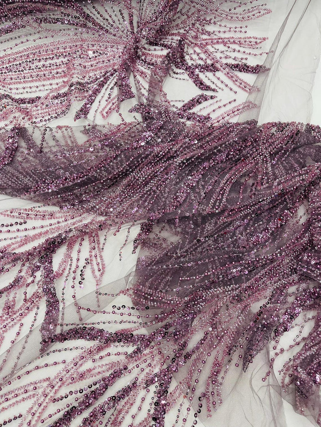 BRIDAL  - DK PLUM - Designs Embroider with Sequins and Heavy Beaded on a Mesh Lace Fabric - Sold By The Yard
