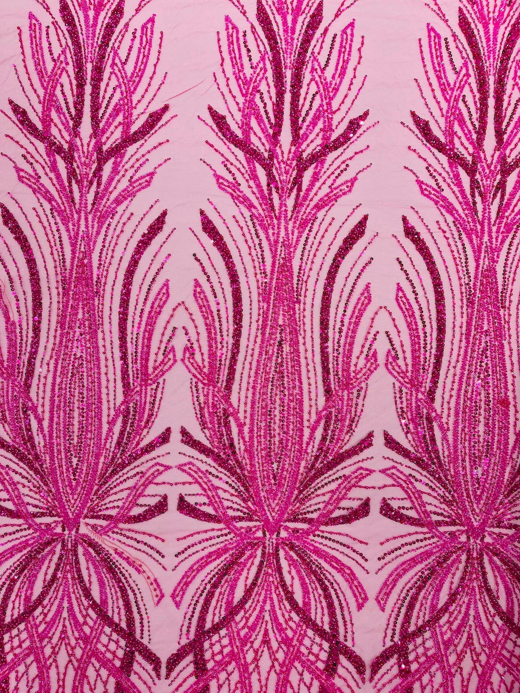 BRIDAL  - HOT PINK - Designs Embroider with Sequins and Heavy Beaded on a Mesh Lace Fabric - Sold By The Yard