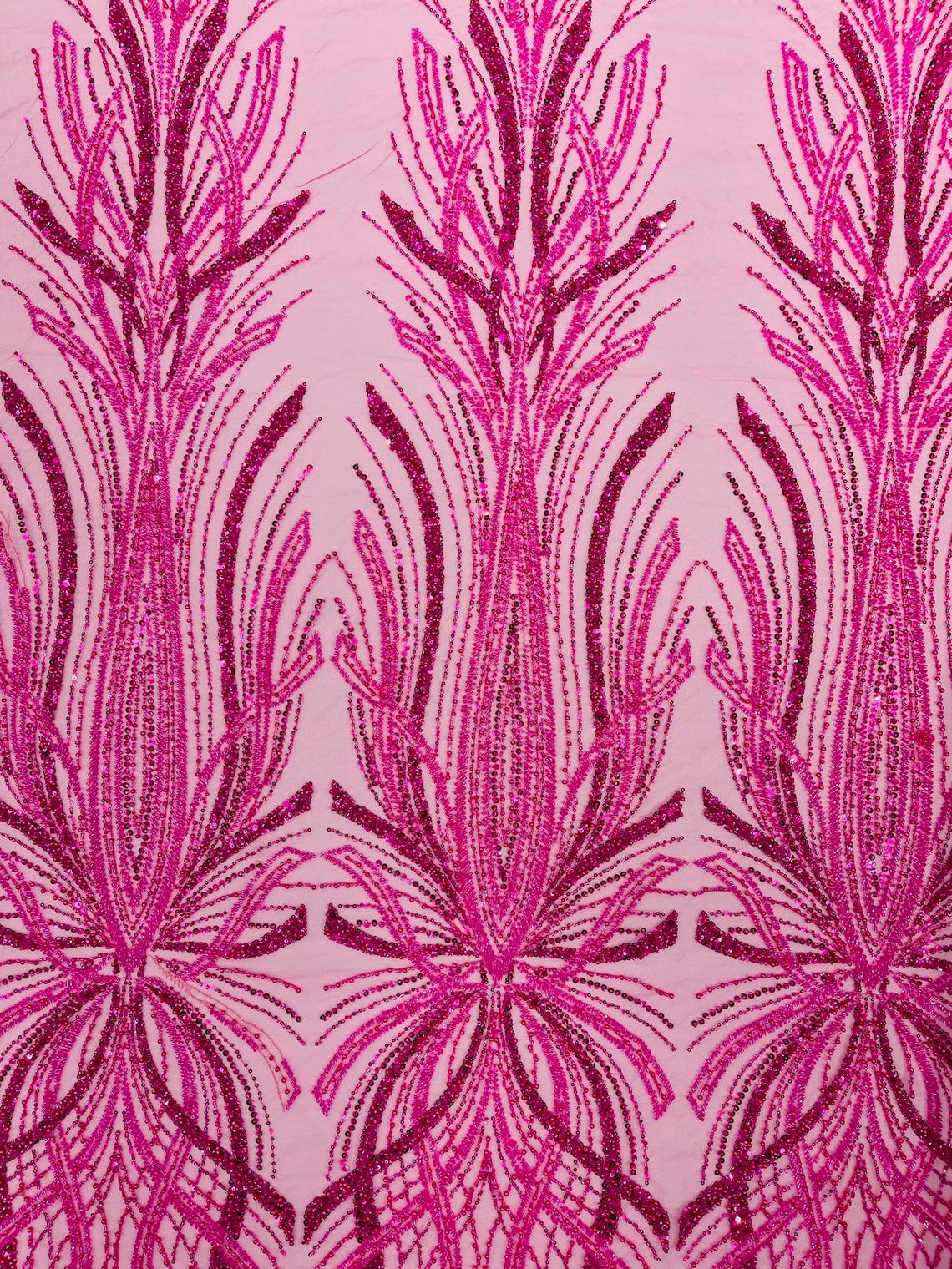BRIDAL  - HOT PINK - Designs Embroider with Sequins and Heavy Beaded on a Mesh Lace Fabric - Sold By The Yard
