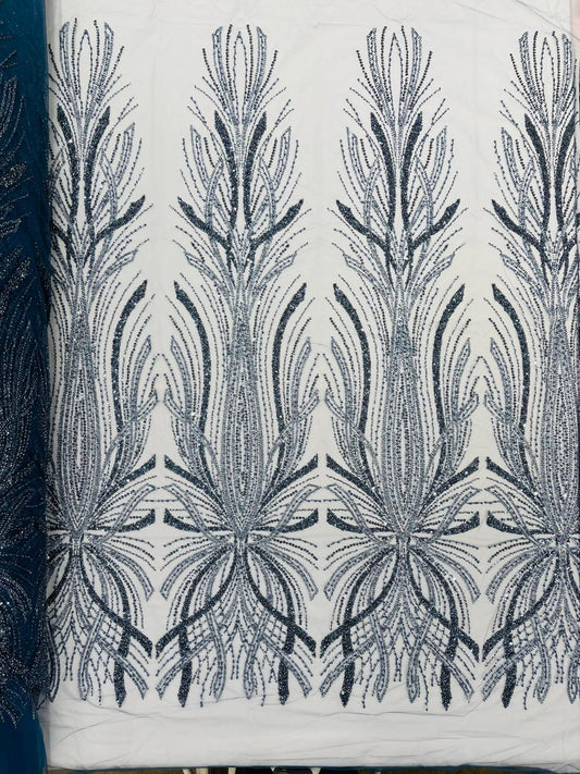 BRIDAL  - STEEL BLUE - Designs Embroider with Sequins and Heavy Beaded on a Mesh Lace Fabric - Sold By The Yard