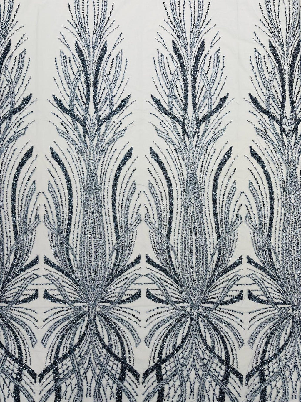 BRIDAL  - STEEL BLUE - Designs Embroider with Sequins and Heavy Beaded on a Mesh Lace Fabric - Sold By The Yard