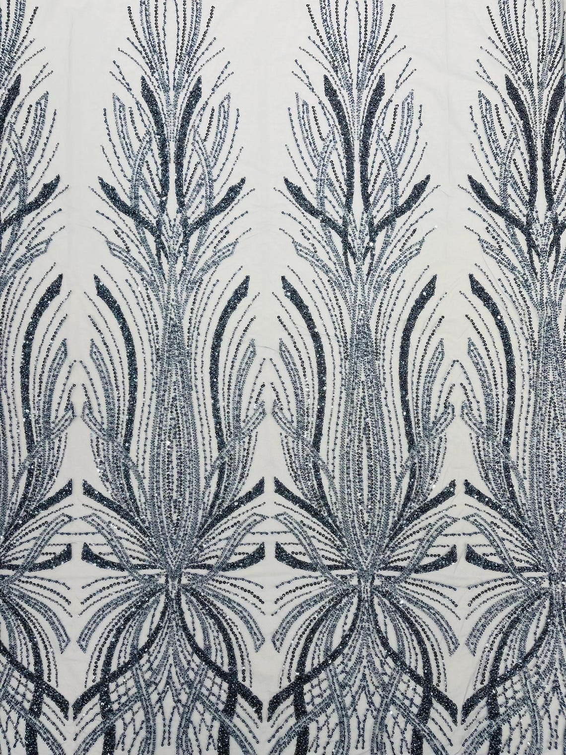BRIDAL  - STEEL BLUE - Designs Embroider with Sequins and Heavy Beaded on a Mesh Lace Fabric - Sold By The Yard