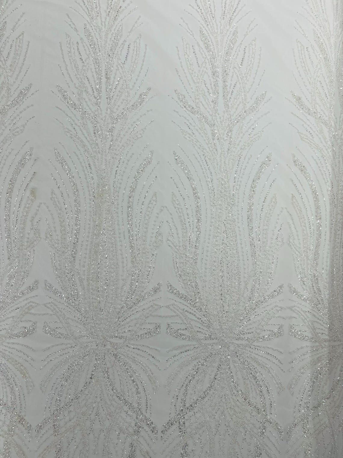 BRIDAL  - WHITE - Designs Embroider with Sequins and Heavy Beaded on a Mesh Lace Fabric - Sold By The Yard