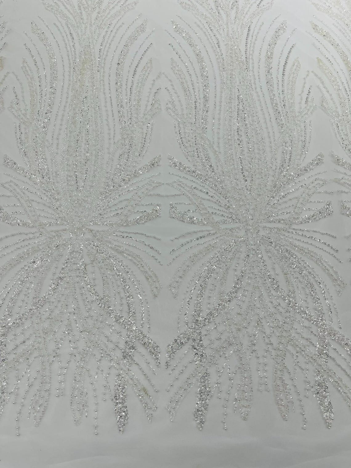 BRIDAL  - WHITE - Designs Embroider with Sequins and Heavy Beaded on a Mesh Lace Fabric - Sold By The Yard