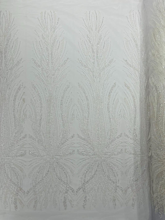 BRIDAL  - WHITE - Designs Embroider with Sequins and Heavy Beaded on a Mesh Lace Fabric - Sold By The Yard