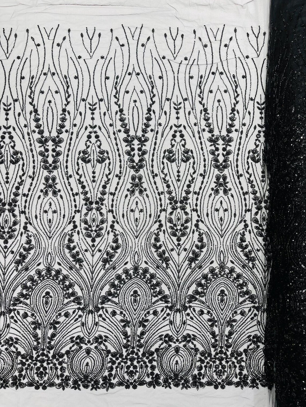 FEATHER  -  BLACK - Designs Embroider with Sequins and Heavy Beaded on a Mesh Lace Fabric - Sold By The Yard -