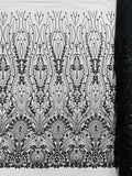 FEATHER  -  BLACK - Designs Embroider with Sequins and Heavy Beaded on a Mesh Lace Fabric - Sold By The Yard -