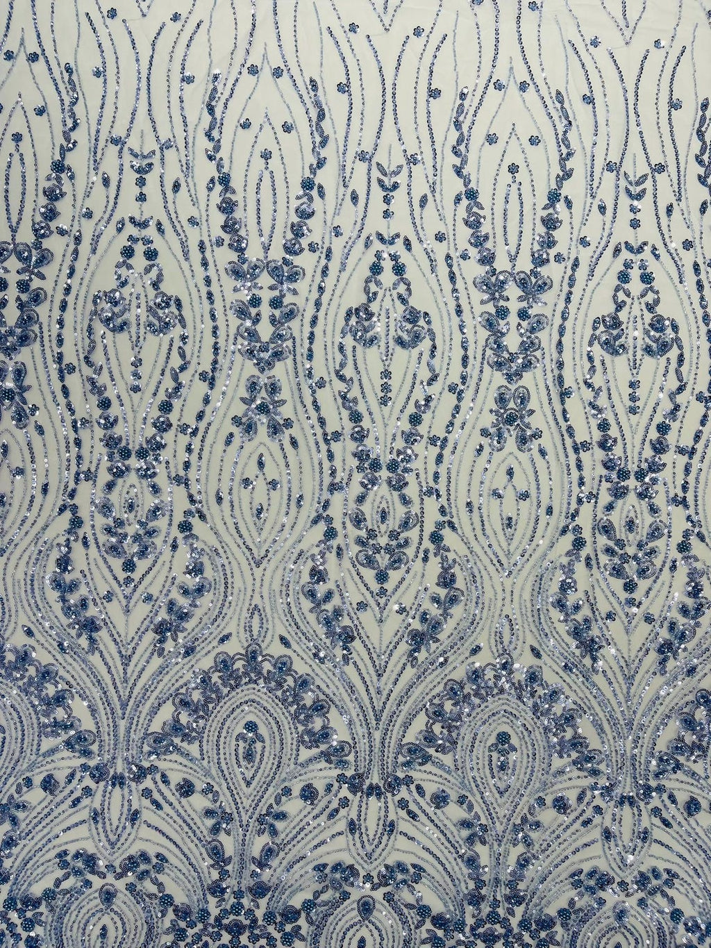 FEATHER  - BLUE - Designs Embroider with Sequins and Heavy Beaded on a Mesh Lace Fabric - Sold By The Yard