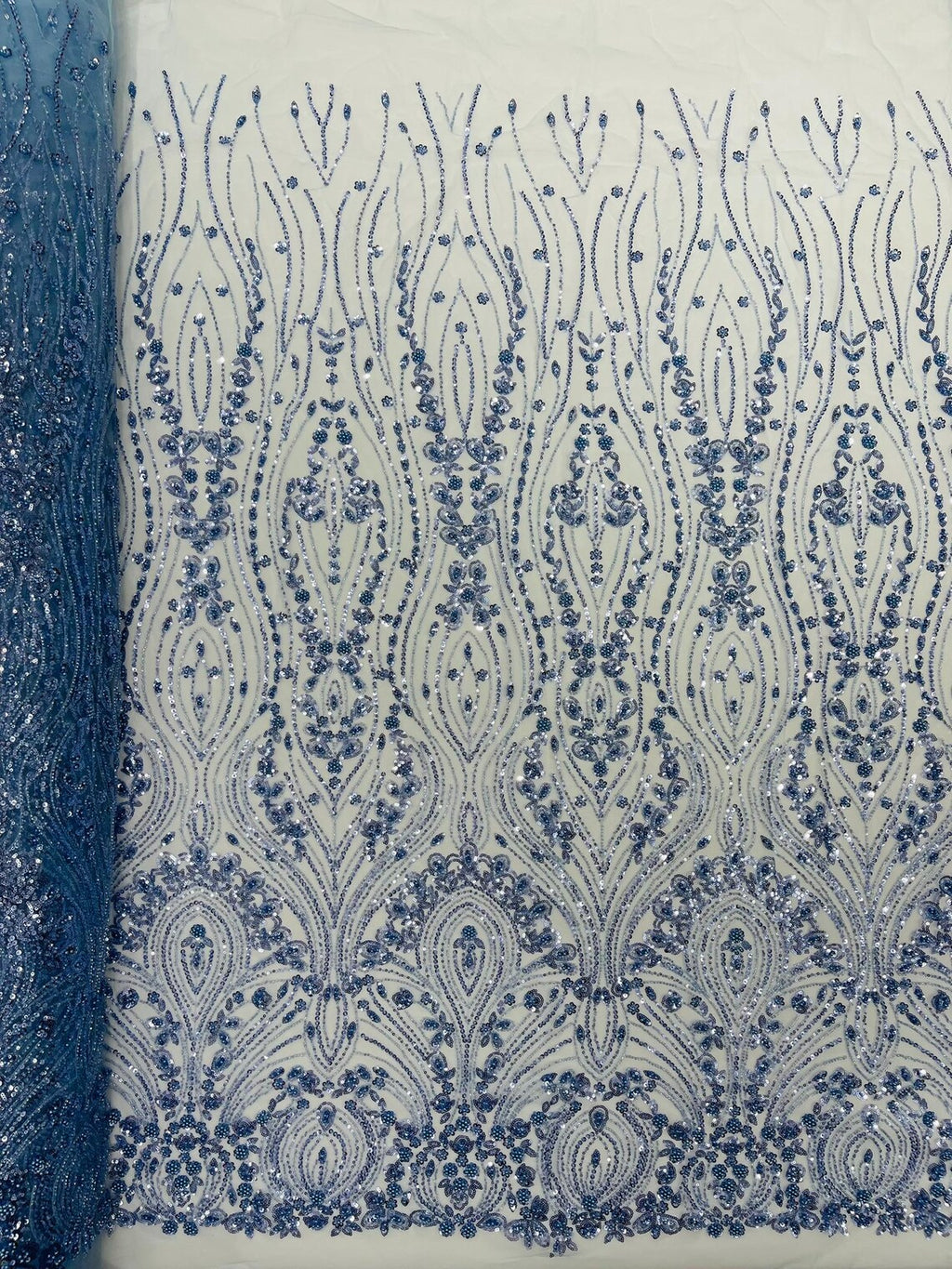 FEATHER  - BLUE - Designs Embroider with Sequins and Heavy Beaded on a Mesh Lace Fabric - Sold By The Yard