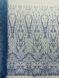 FEATHER  - BLUE - Designs Embroider with Sequins and Heavy Beaded on a Mesh Lace Fabric - Sold By The Yard