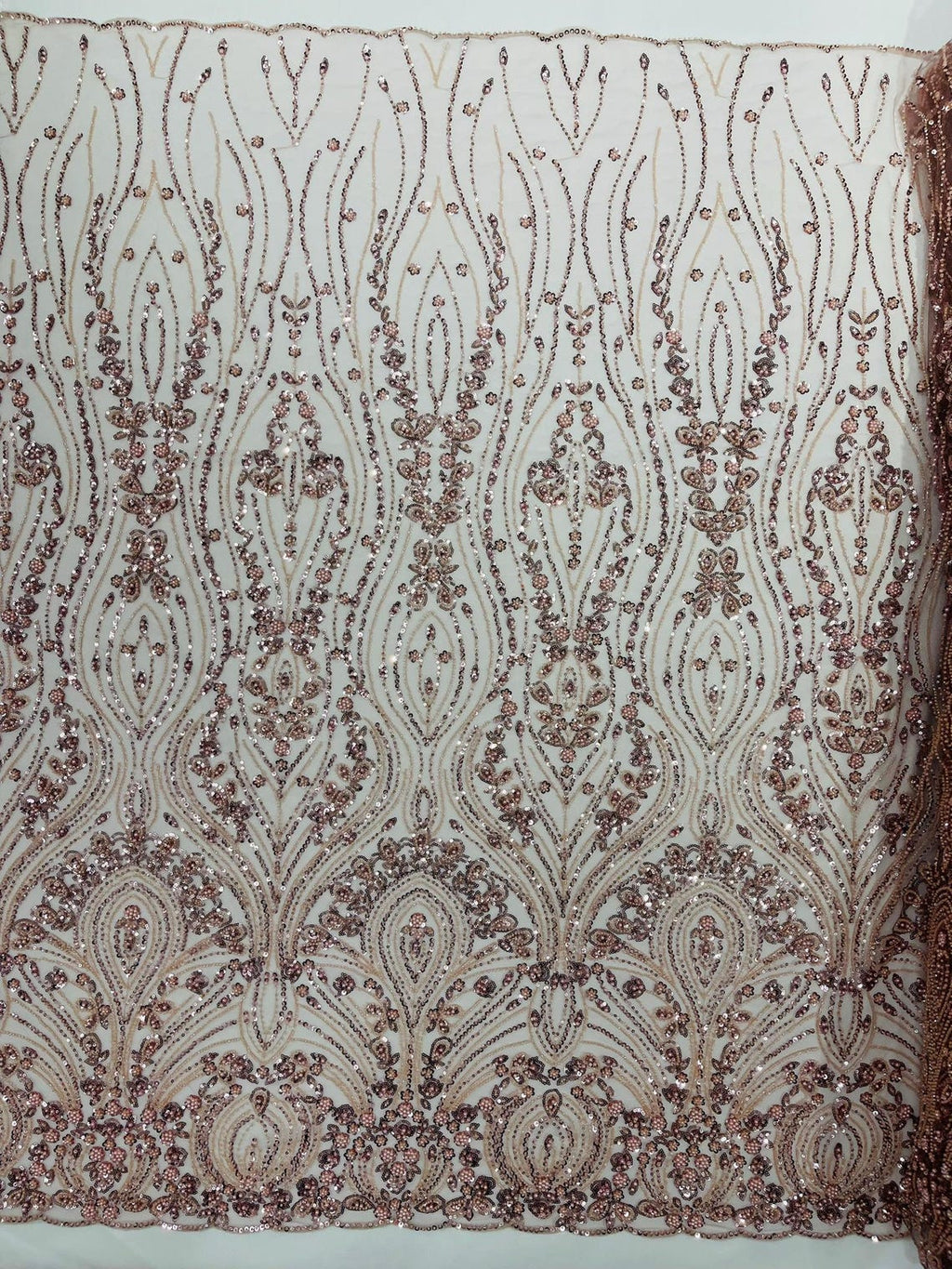 FEATHER  - BLUSH - Designs Embroider with Sequins and Heavy Beaded on a Mesh Lace Fabric - Sold By The Yard