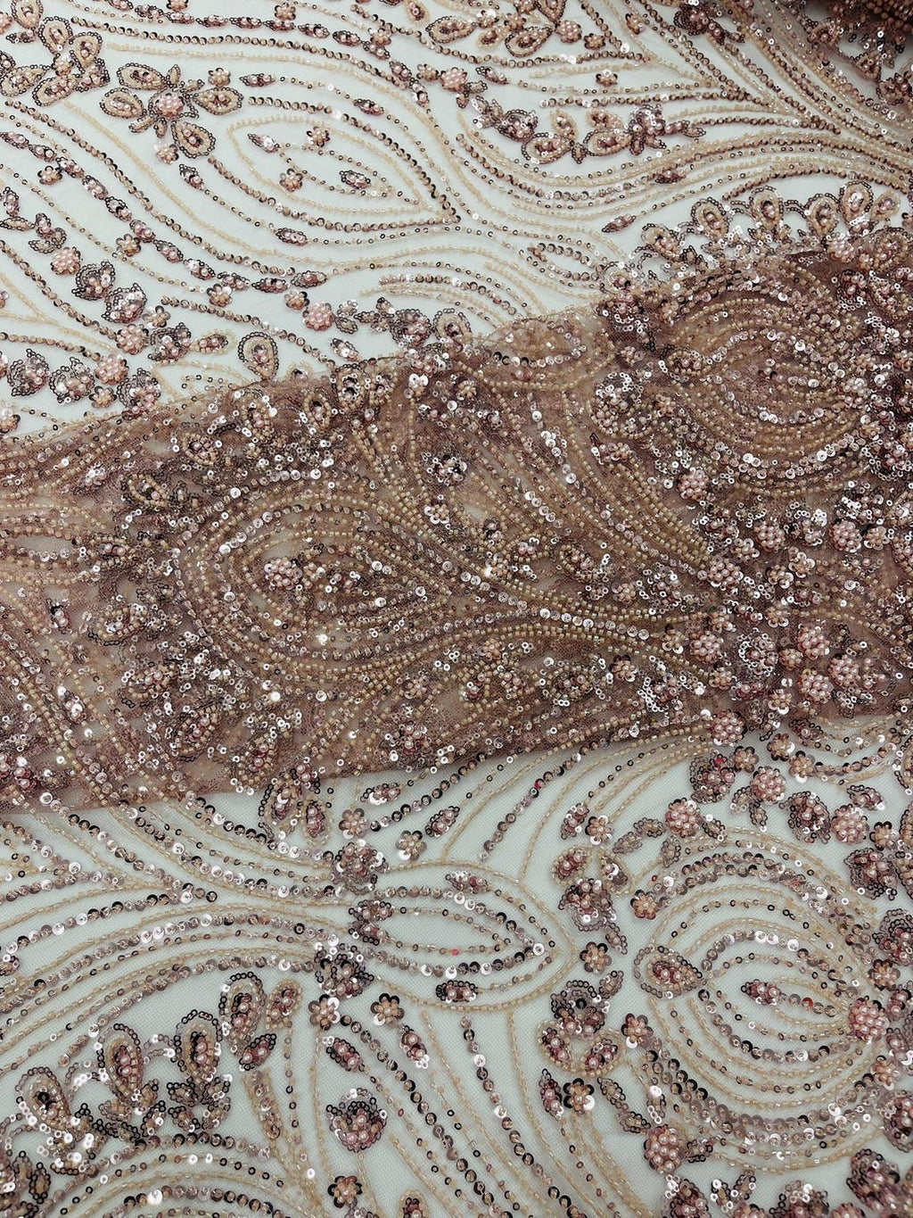 FEATHER  - BLUSH - Designs Embroider with Sequins and Heavy Beaded on a Mesh Lace Fabric - Sold By The Yard