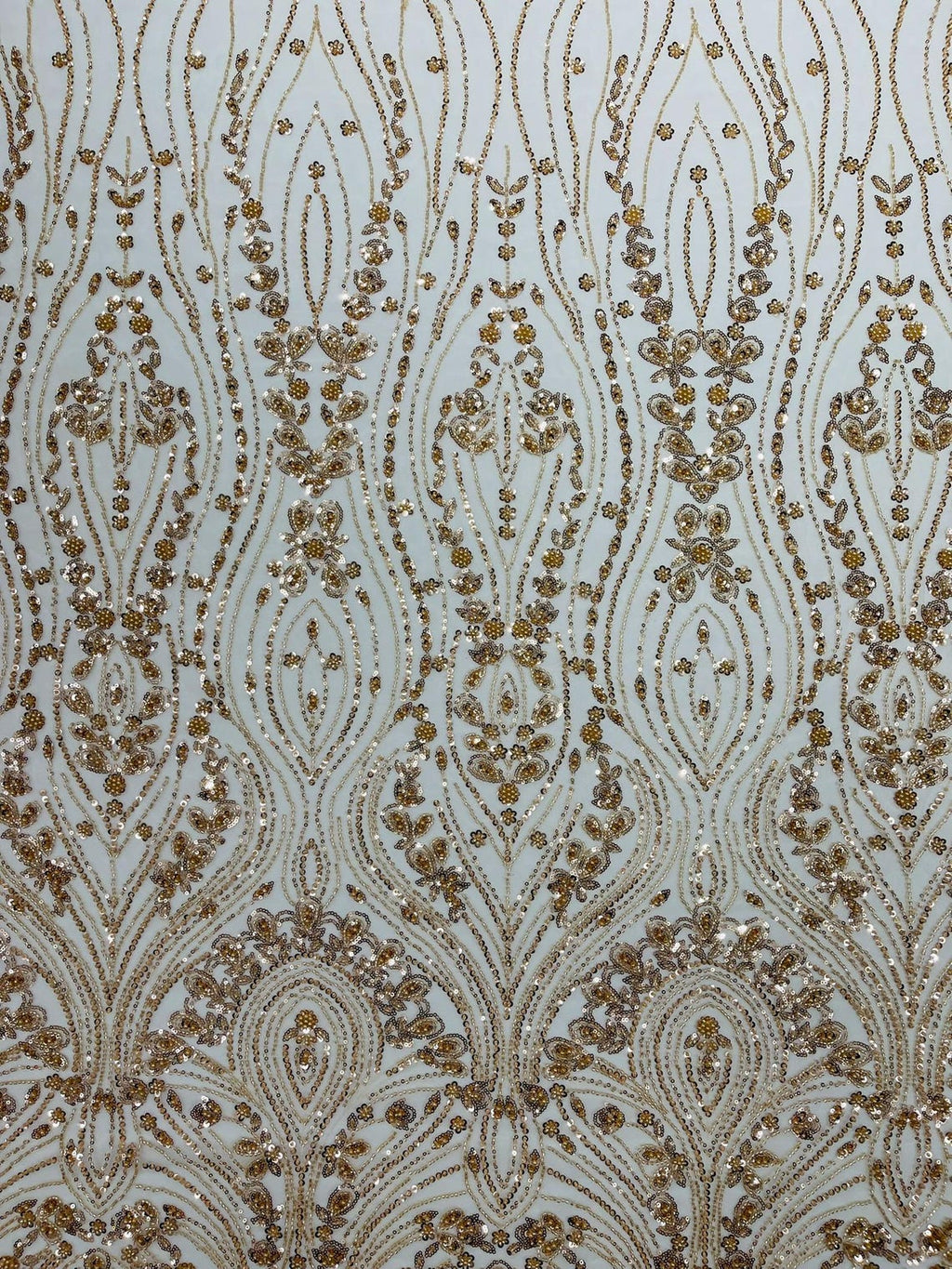 FEATHER  - CHAMPAGNE - Designs Embroider with Sequins and Heavy Beaded on a Mesh Lace Fabric - Sold By The Yard