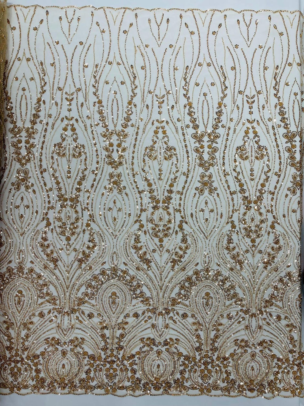 FEATHER  - CHAMPAGNE - Designs Embroider with Sequins and Heavy Beaded on a Mesh Lace Fabric - Sold By The Yard
