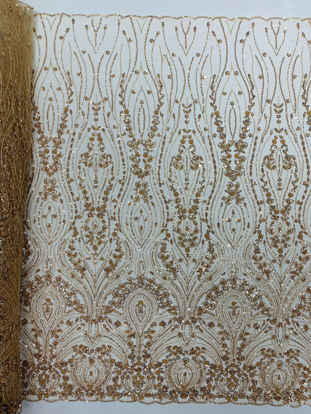 FEATHER  - CHAMPAGNE - Designs Embroider with Sequins and Heavy Beaded on a Mesh Lace Fabric - Sold By The Yard
