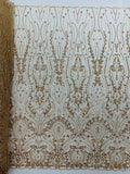 FEATHER  - CHAMPAGNE - Designs Embroider with Sequins and Heavy Beaded on a Mesh Lace Fabric - Sold By The Yard