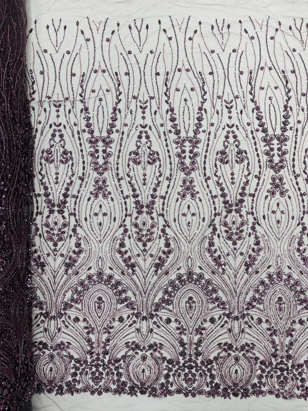 FEATHER  - DK PLUM - Designs Embroider with Sequins and Heavy Beaded on a Mesh Lace Fabric - Sold By The Yard