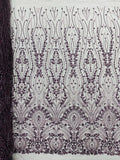 FEATHER  - DK PLUM - Designs Embroider with Sequins and Heavy Beaded on a Mesh Lace Fabric - Sold By The Yard