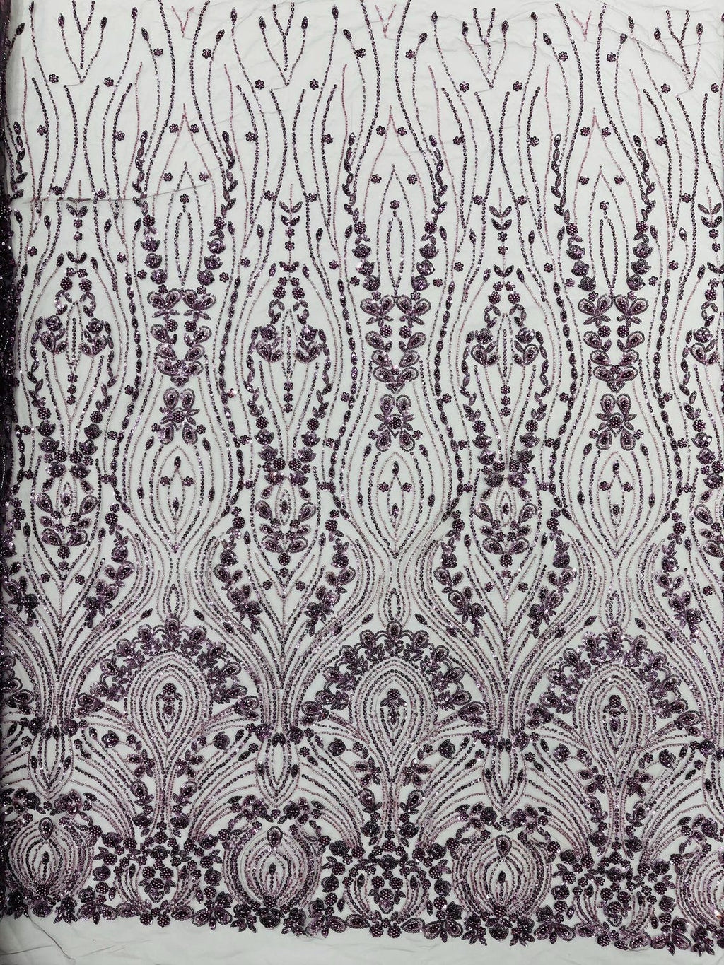 FEATHER  - DK PLUM - Designs Embroider with Sequins and Heavy Beaded on a Mesh Lace Fabric - Sold By The Yard