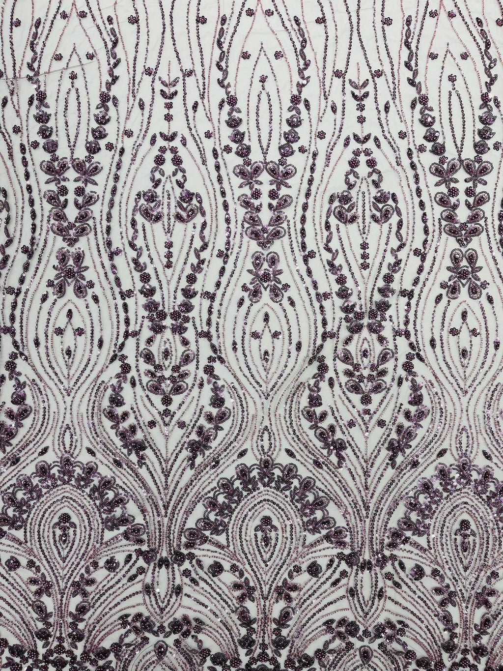 FEATHER  - DK PLUM - Designs Embroider with Sequins and Heavy Beaded on a Mesh Lace Fabric - Sold By The Yard
