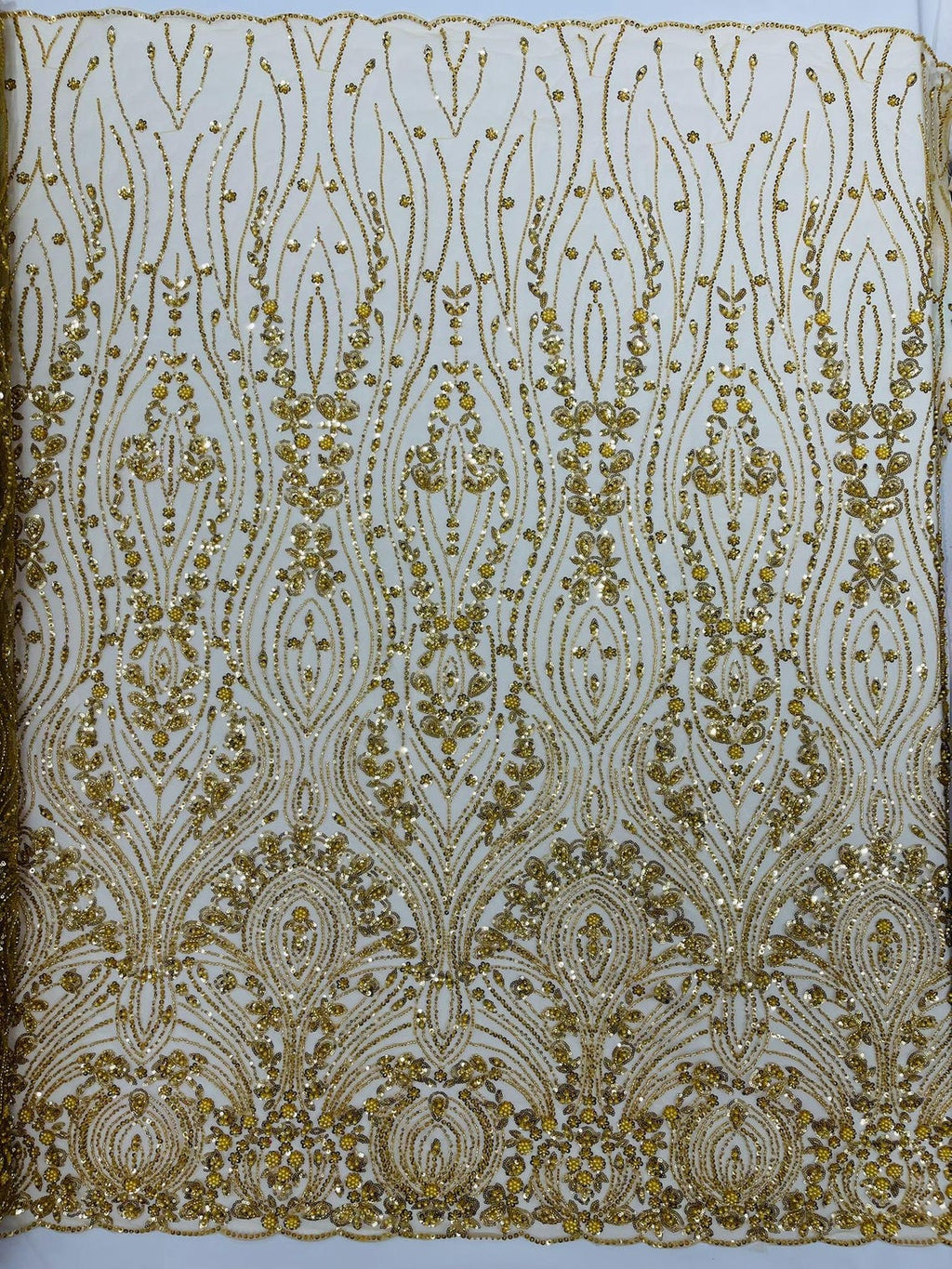 FEATHER  -  GOLD - Designs Embroider with Sequins and Heavy Beaded on a Mesh Lace Fabric - Sold By The Yard -