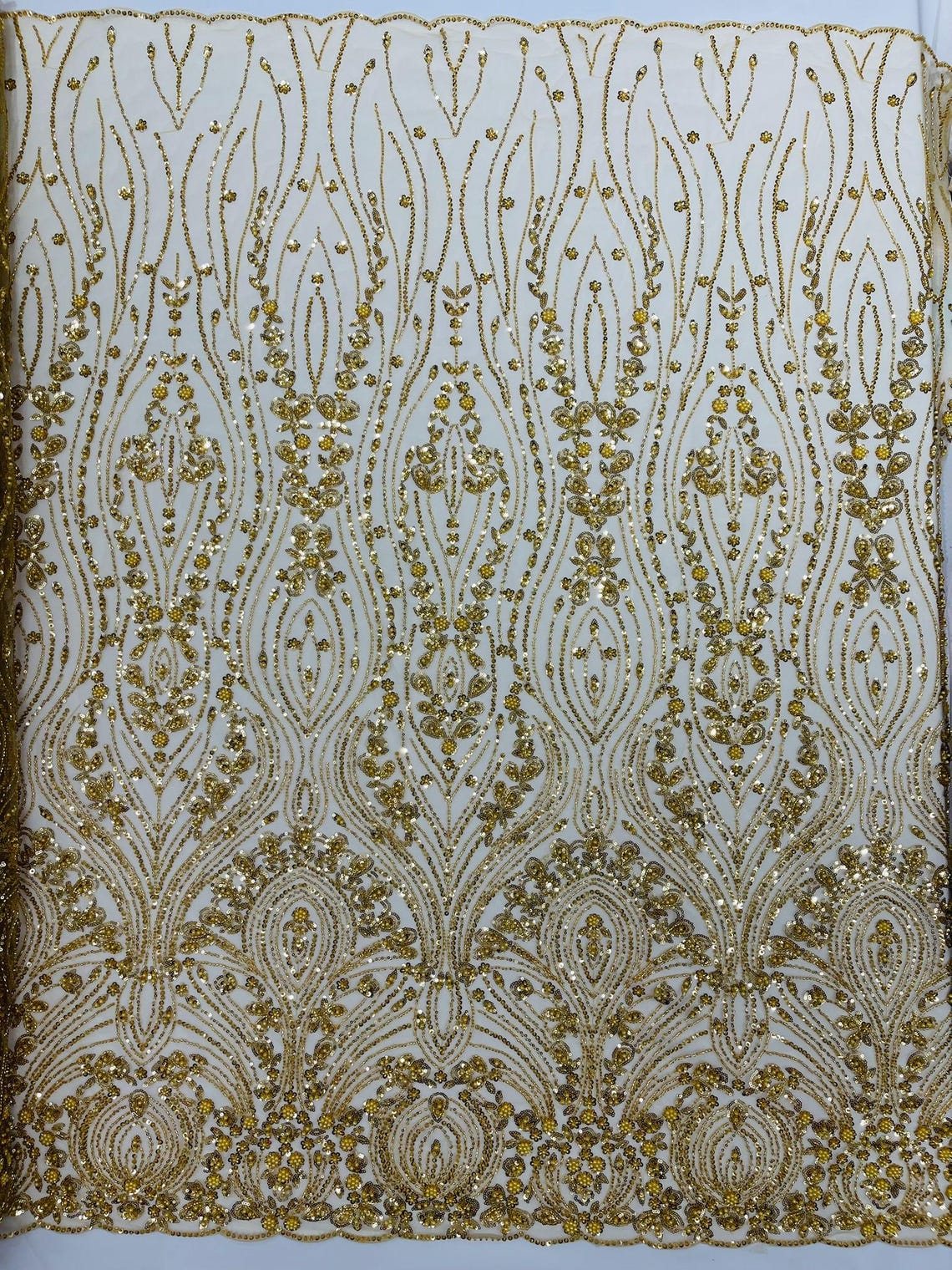 FEATHER  -  GOLD - Designs Embroider with Sequins and Heavy Beaded on a Mesh Lace Fabric - Sold By The Yard -