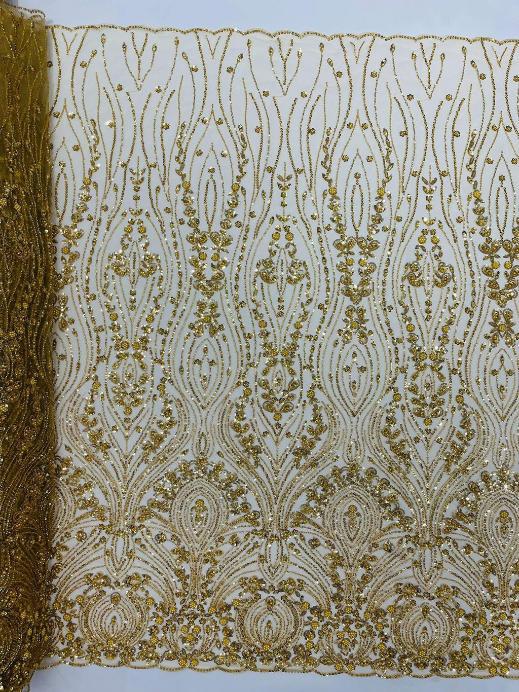 FEATHER  -  GOLD - Designs Embroider with Sequins and Heavy Beaded on a Mesh Lace Fabric - Sold By The Yard -