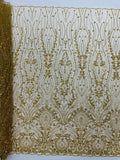 FEATHER  -  GOLD - Designs Embroider with Sequins and Heavy Beaded on a Mesh Lace Fabric - Sold By The Yard -