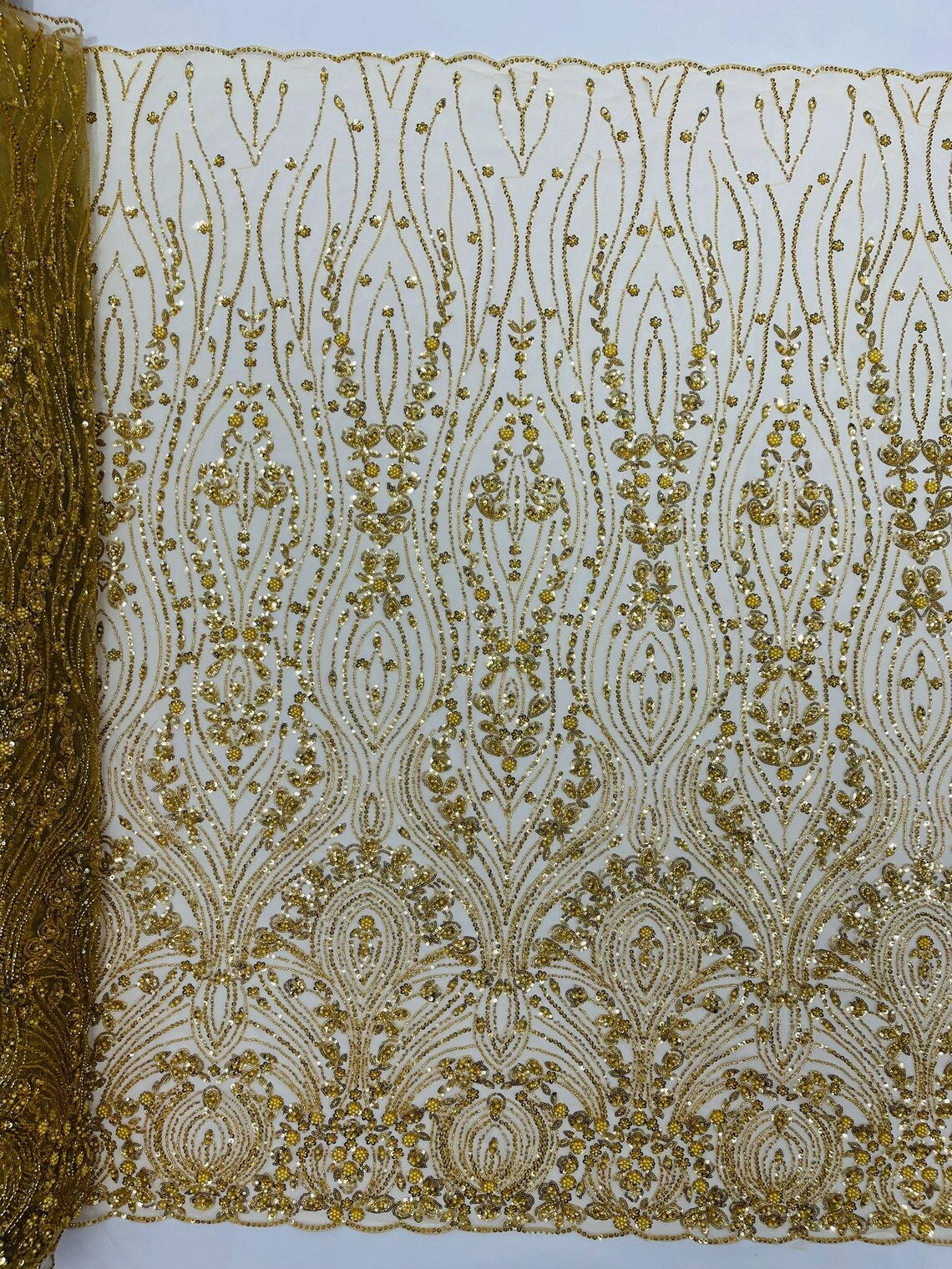 FEATHER  -  GOLD - Designs Embroider with Sequins and Heavy Beaded on a Mesh Lace Fabric - Sold By The Yard -