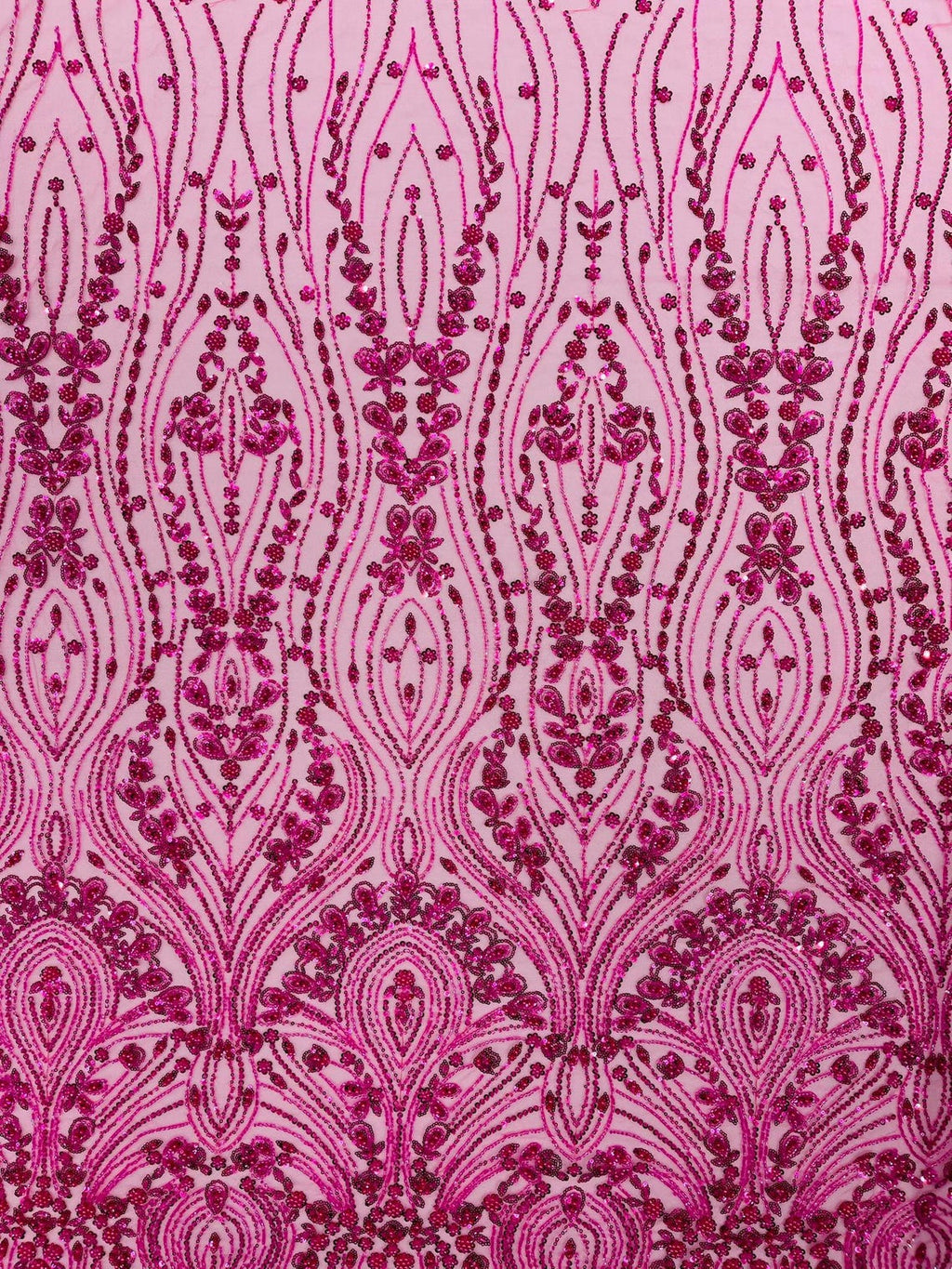 FEATHER  - HOT PINK - Designs Embroider with Sequins and Heavy Beaded on a Mesh Lace Fabric - Sold By The Yard