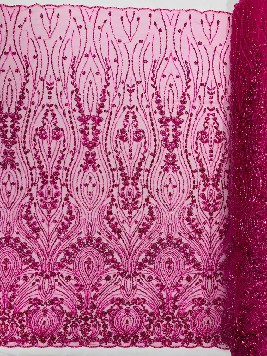 FEATHER  - HOT PINK - Designs Embroider with Sequins and Heavy Beaded on a Mesh Lace Fabric - Sold By The Yard