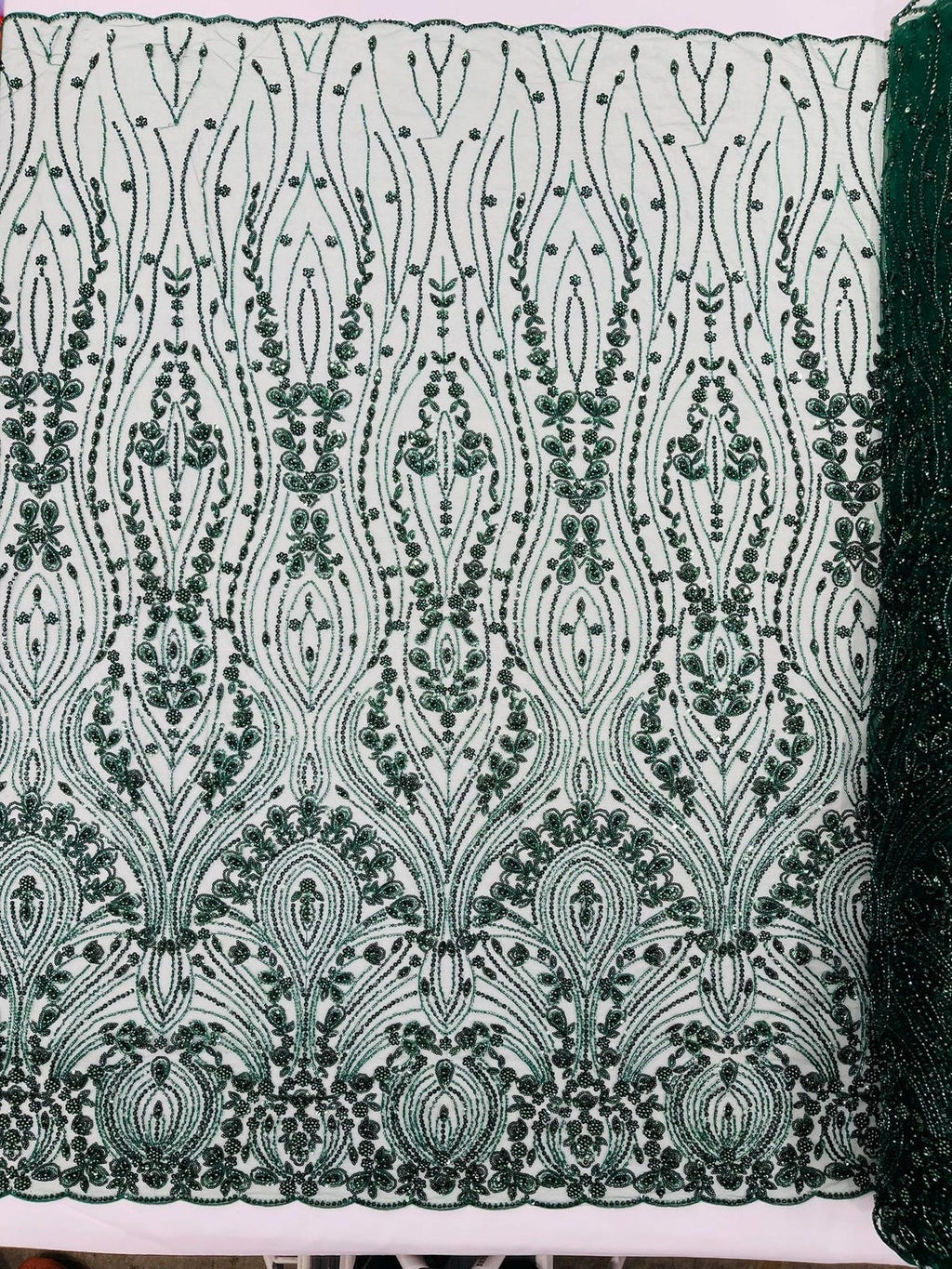 FEATHER  -  HUNTER - Designs Embroider with Sequins and Heavy Beaded on a Mesh Lace Fabric - Sold By The Yard -