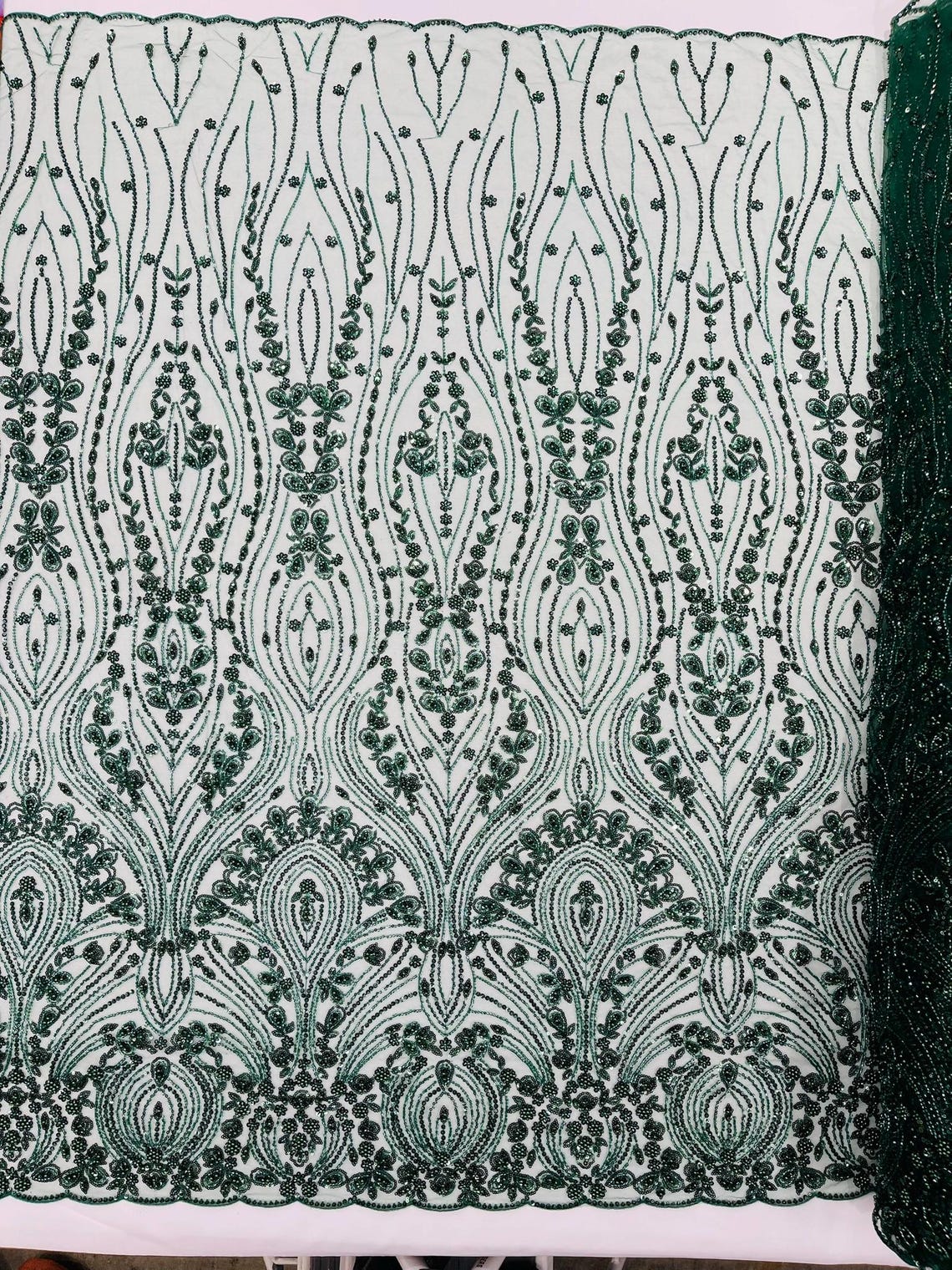 FEATHER  -  HUNTER - Designs Embroider with Sequins and Heavy Beaded on a Mesh Lace Fabric - Sold By The Yard -