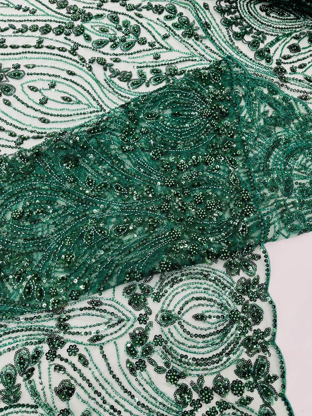 FEATHER  -  HUNTER - Designs Embroider with Sequins and Heavy Beaded on a Mesh Lace Fabric - Sold By The Yard -