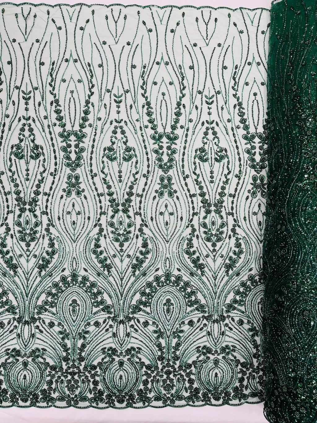 FEATHER  -  HUNTER - Designs Embroider with Sequins and Heavy Beaded on a Mesh Lace Fabric - Sold By The Yard -