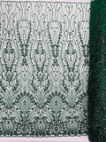 FEATHER  -  HUNTER - Designs Embroider with Sequins and Heavy Beaded on a Mesh Lace Fabric - Sold By The Yard -