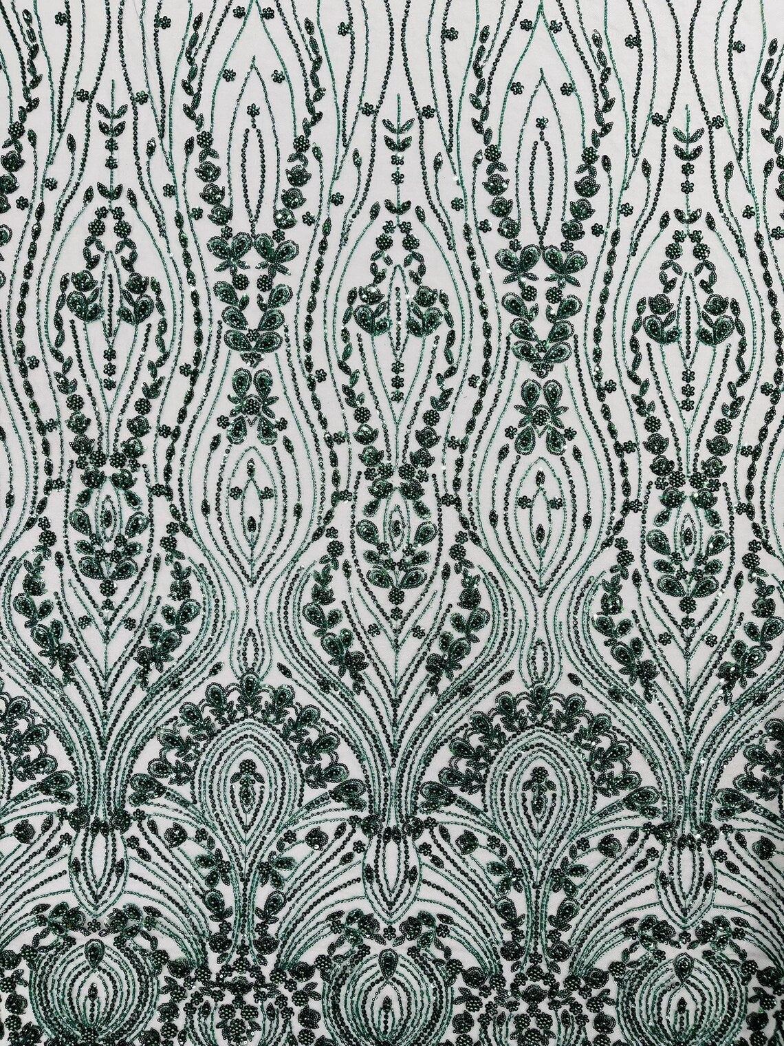 FEATHER  -  HUNTER - Designs Embroider with Sequins and Heavy Beaded on a Mesh Lace Fabric - Sold By The Yard -