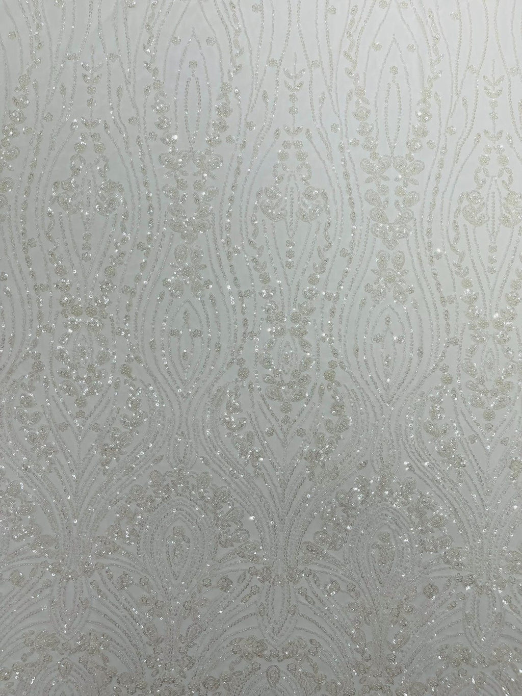 FEATHER  - IVORY - Designs Embroider with Sequins and Heavy Beaded on a Mesh Lace Fabric - Sold By The Yard
