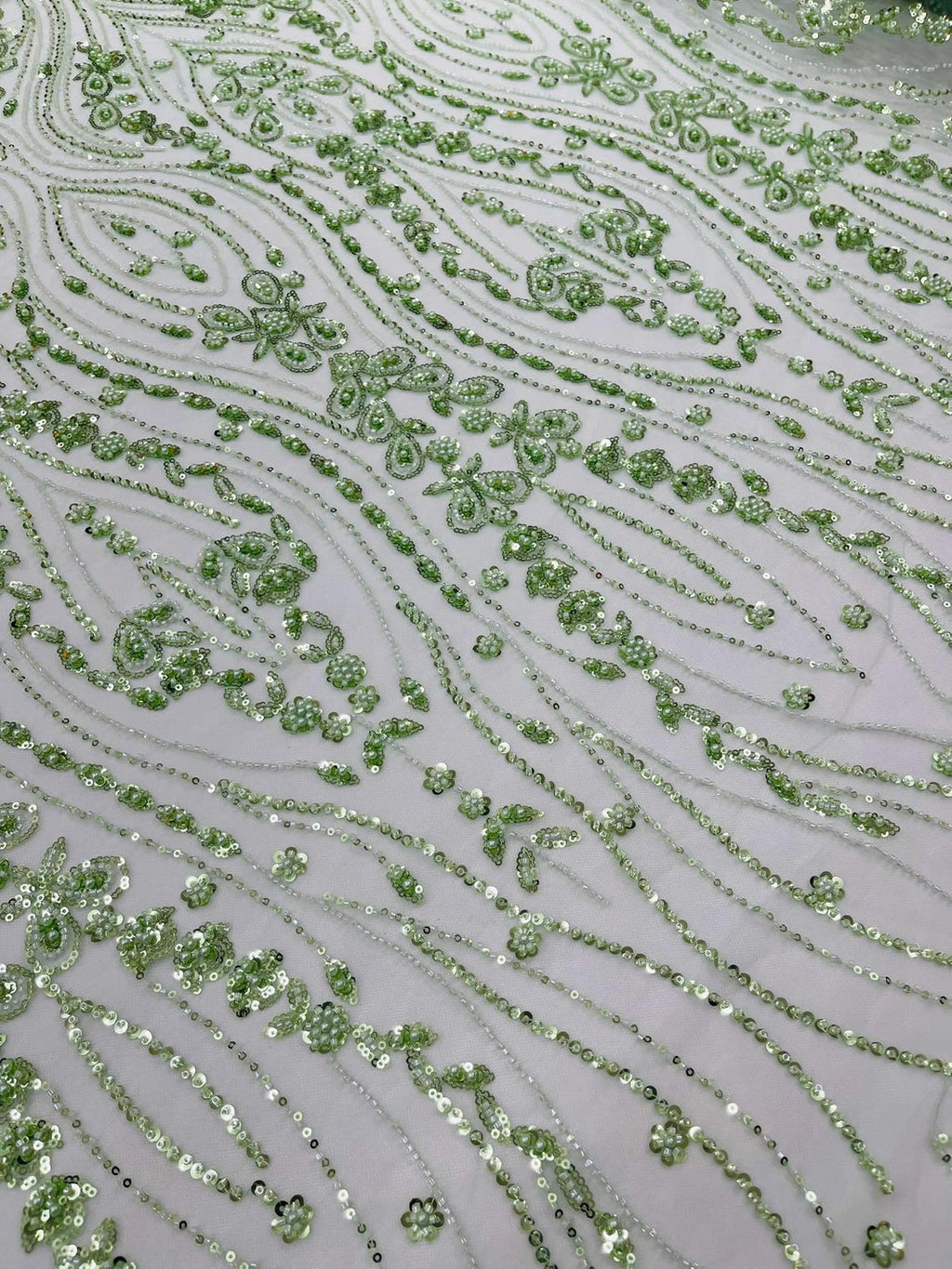 FEATHER  - SAGE - Designs Embroider with Sequins and Heavy Beaded on a Mesh Lace Fabric - Sold By The Yard