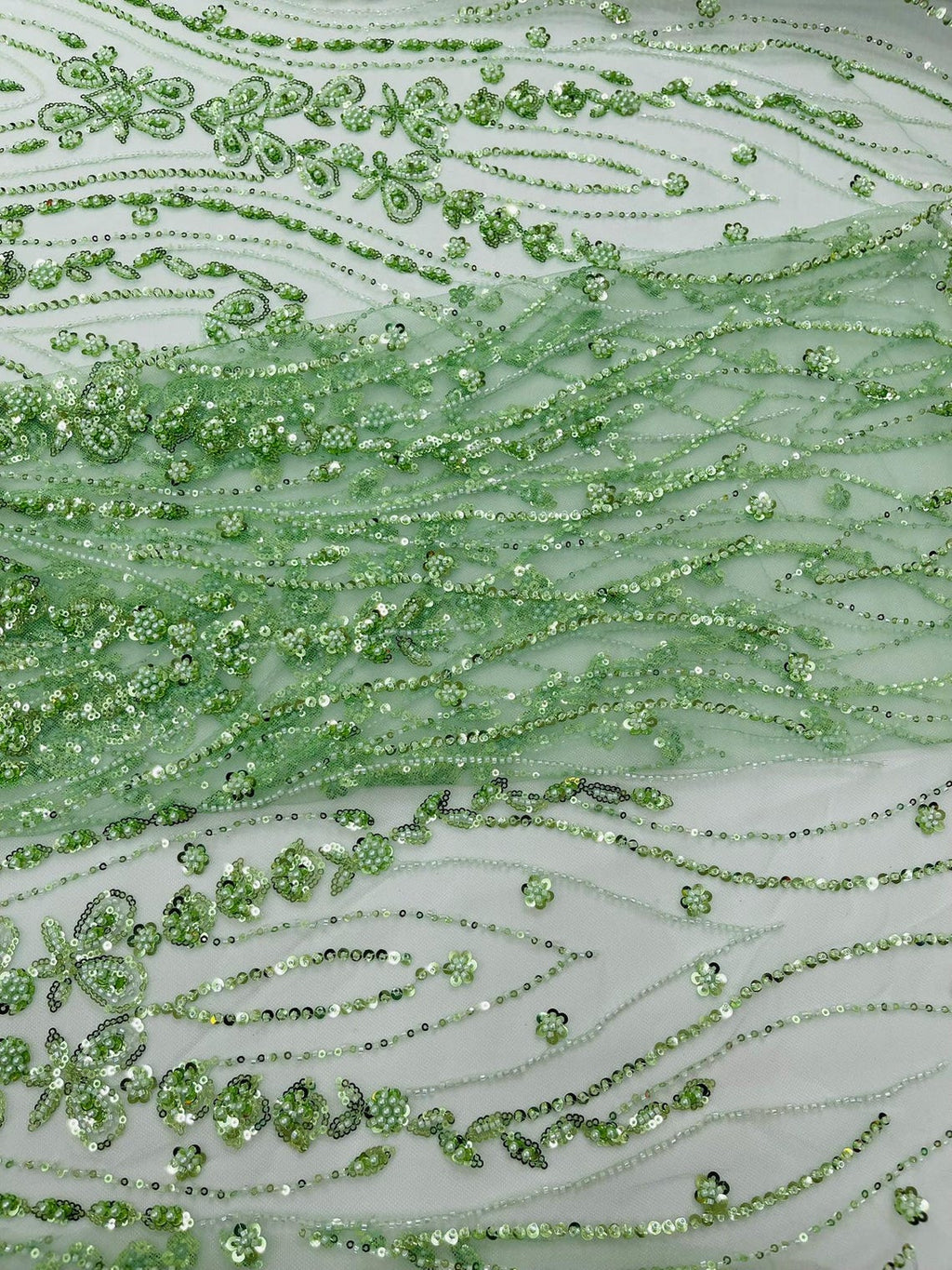 FEATHER  - SAGE - Designs Embroider with Sequins and Heavy Beaded on a Mesh Lace Fabric - Sold By The Yard