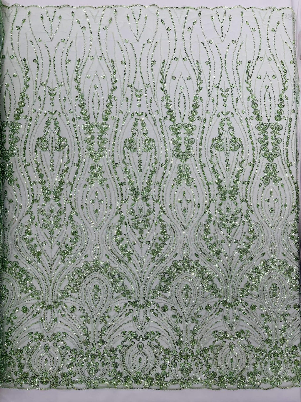 FEATHER  - SAGE - Designs Embroider with Sequins and Heavy Beaded on a Mesh Lace Fabric - Sold By The Yard