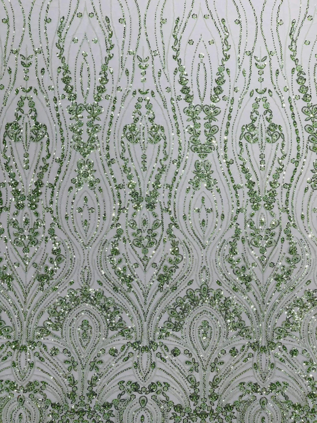 FEATHER  - SAGE - Designs Embroider with Sequins and Heavy Beaded on a Mesh Lace Fabric - Sold By The Yard