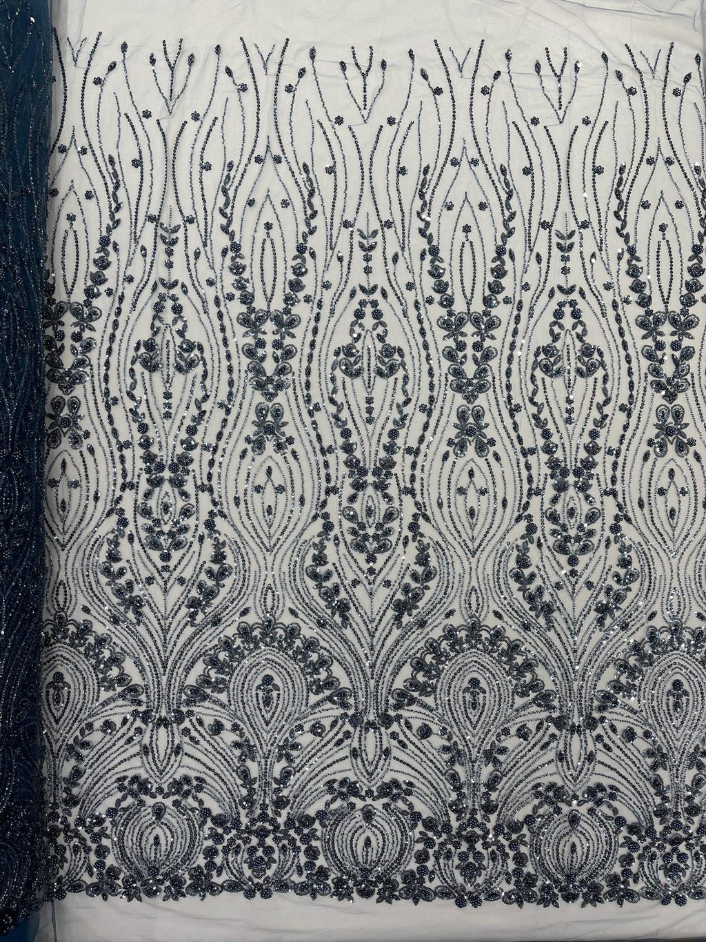 FEATHER  - SMOKE BLUE - Designs Embroider with Sequins and Heavy Beaded on a Mesh Lace Fabric - Sold By The Yard
